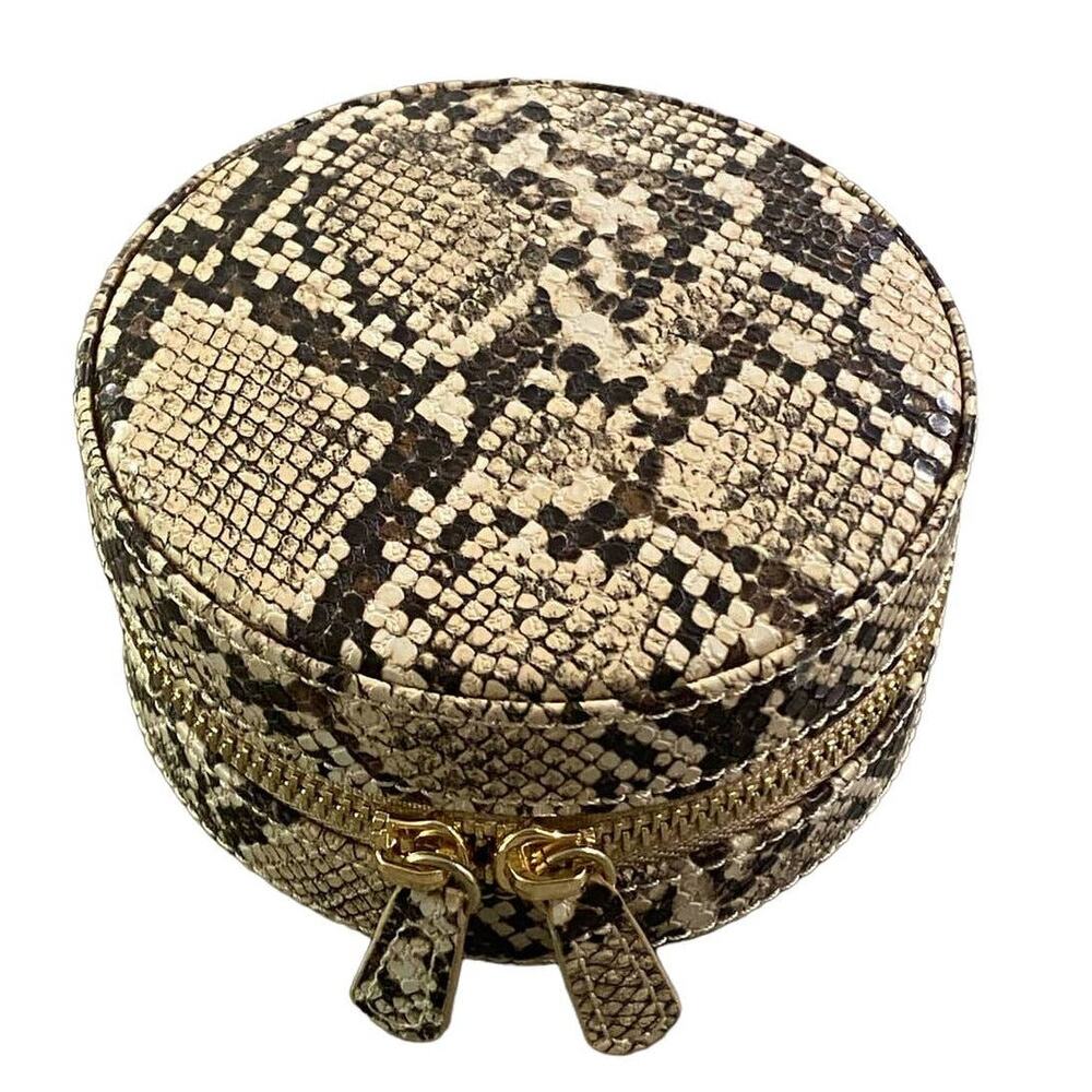 WOLF DESIGNS Round Zip Jewelry Case Snake Embossed Tan